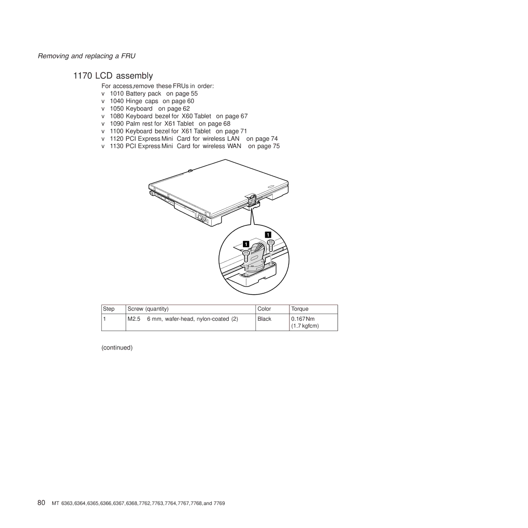 Lenovo X61 Tablet manual LCD assembly, Step Screw quantity Color Torque 