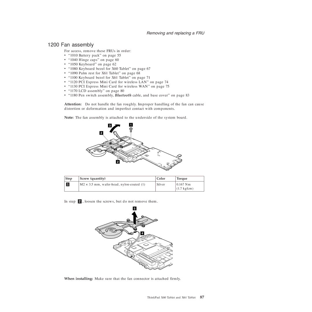 Lenovo X61 Tablet manual Fan assembly 