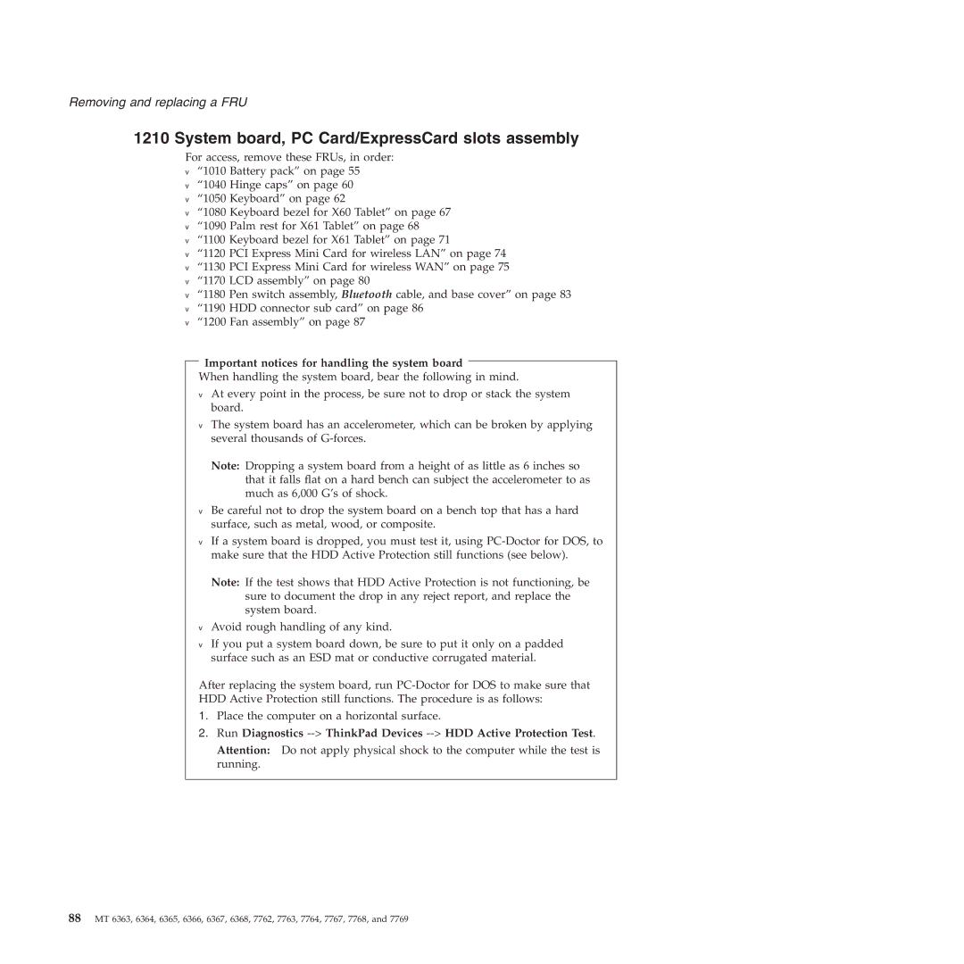 Lenovo X61 Tablet manual System board, PC Card/ExpressCard slots assembly, Important notices for handling the system board 