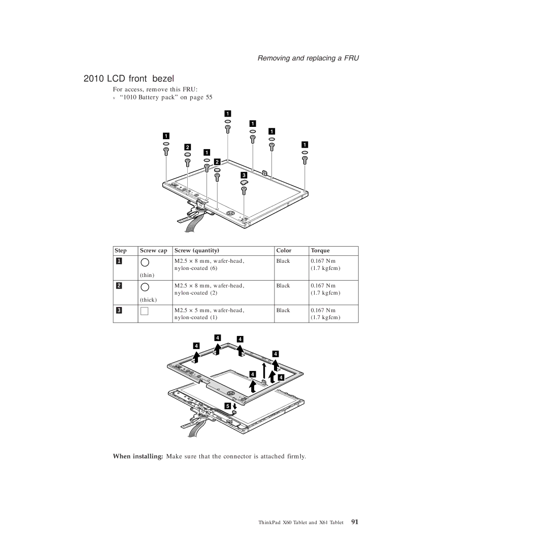 Lenovo X61 Tablet manual LCD front bezel, Step Screw cap Screw quantity Color Torque 