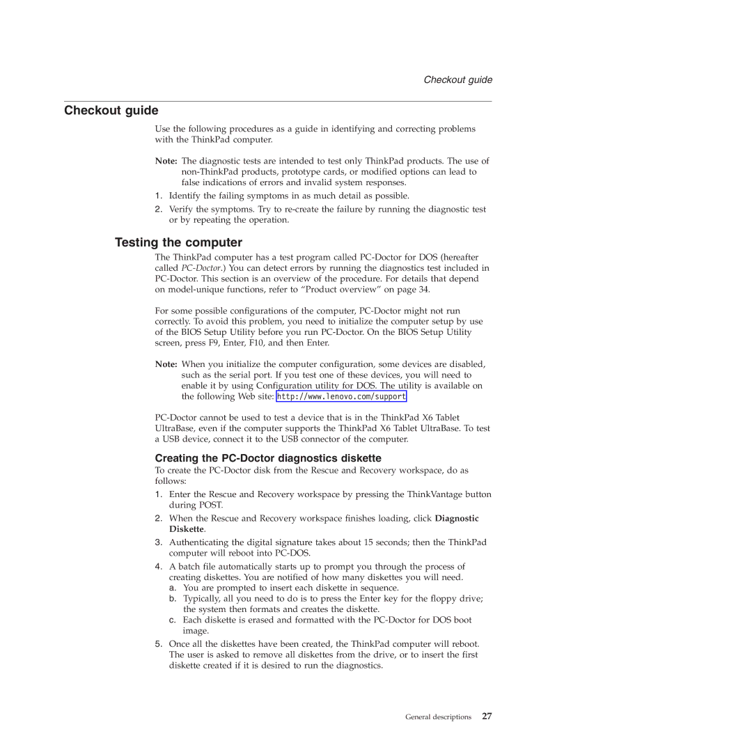 Lenovo X60, X61 manual Checkout guide, Testing the computer, Creating the PC-Doctor diagnostics diskette 