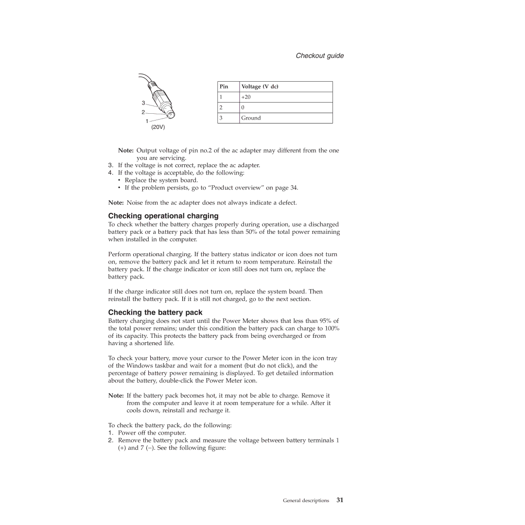 Lenovo X60, X61 manual Checking operational charging, Checking the battery pack, Pin Voltage V dc 