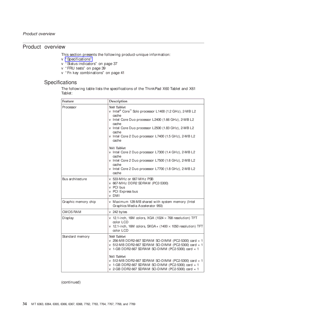 Lenovo manual Product overview, Specifications, Feature Description, X60 Tablet, X61 Tablet 
