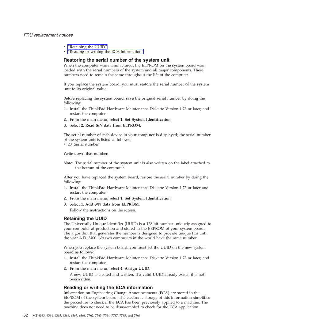 Lenovo X61, X60 Restoring the serial number of the system unit, Retaining the Uuid, Reading or writing the ECA information 