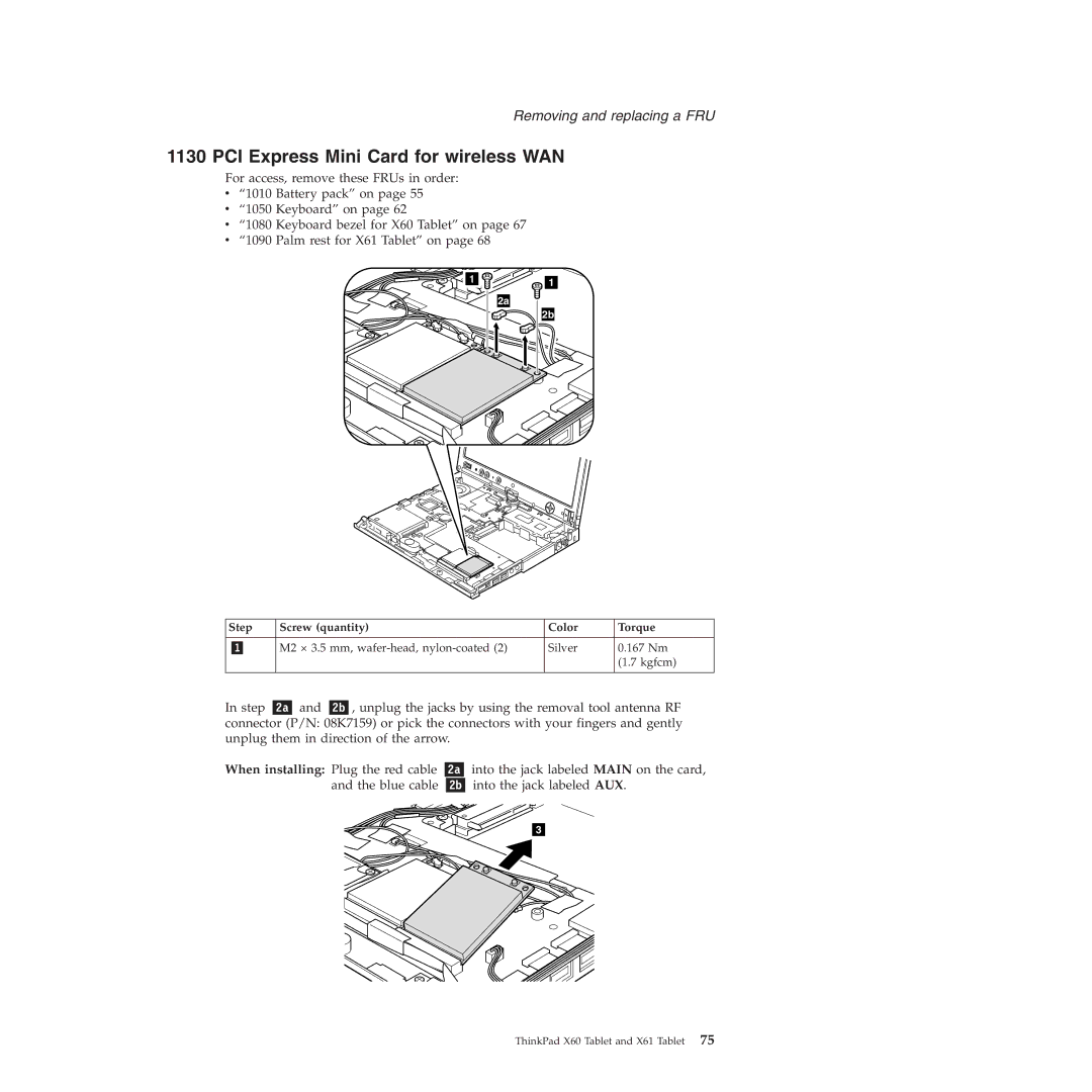 Lenovo X60, X61 manual PCI Express Mini Card for wireless WAN, Step Screw quantity Color Torque 