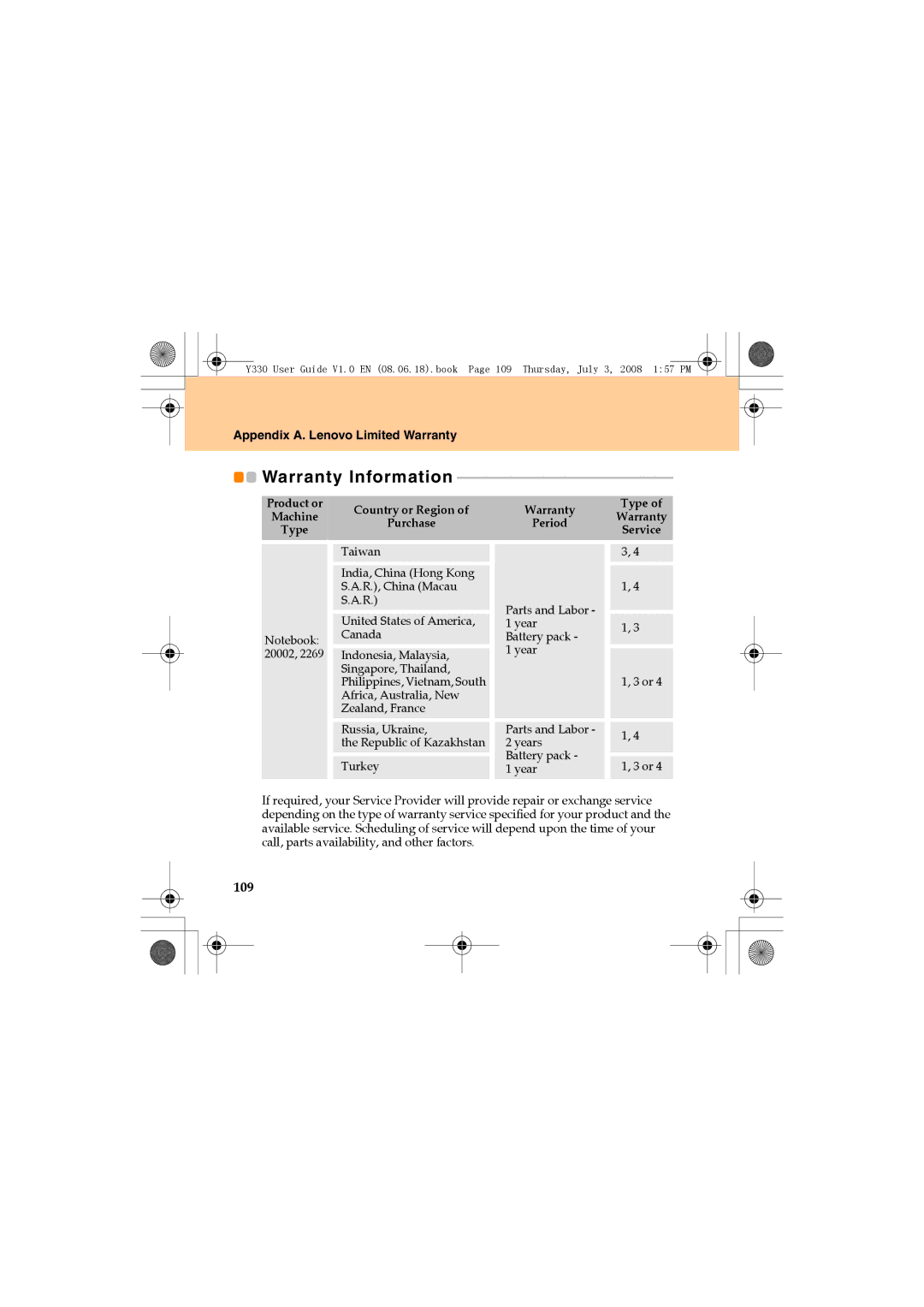 Lenovo Y330 manual Warranty Information, 109 