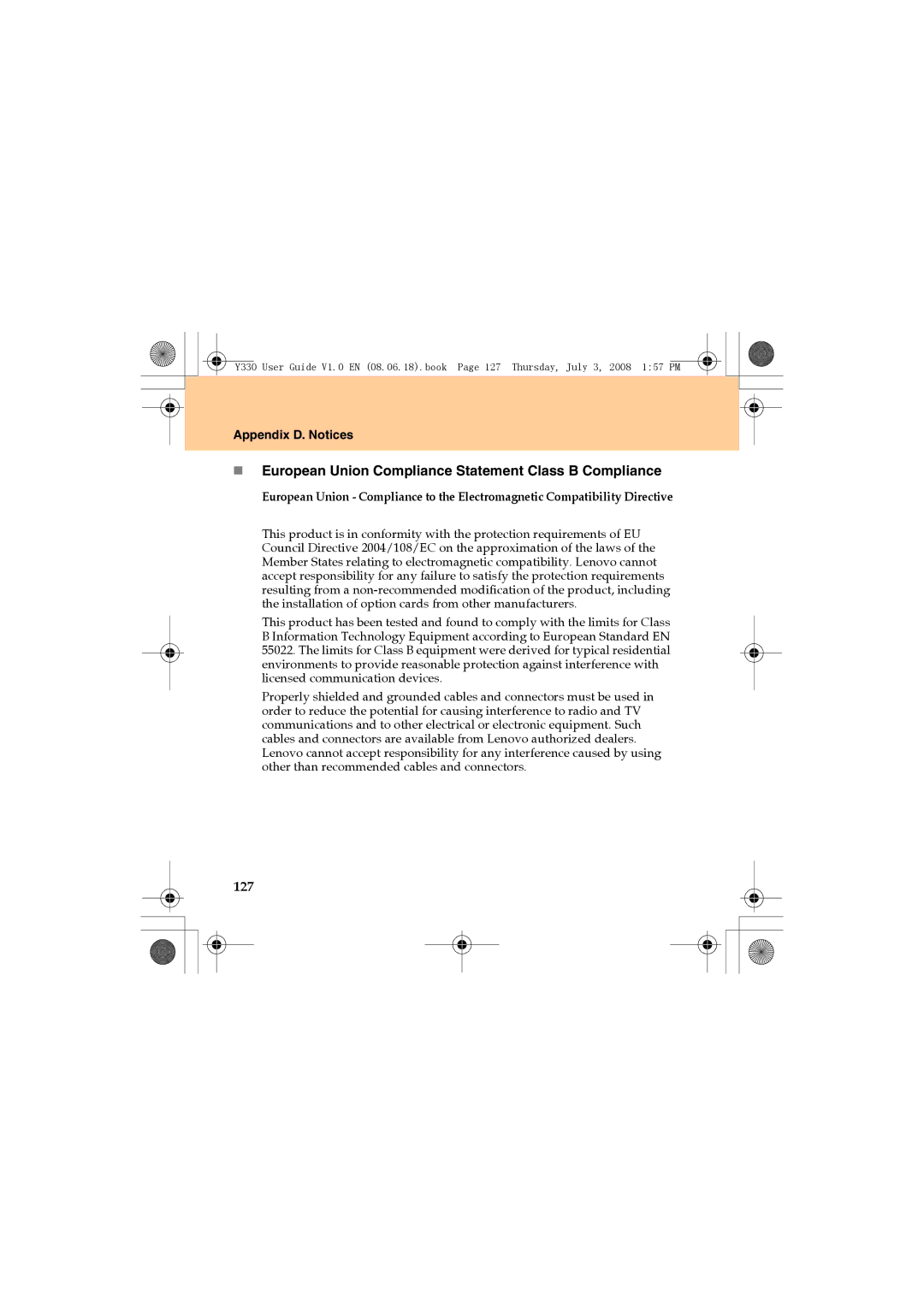 Lenovo Y330 manual „ European Union Compliance Statement Class B Compliance, 127 