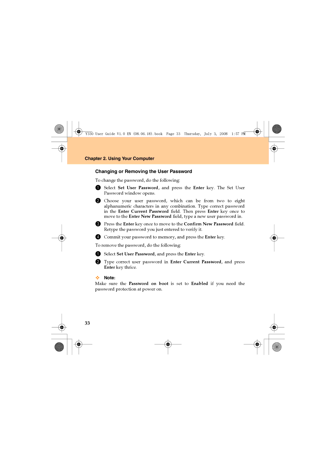 Lenovo Y330 manual Using Your Computer Changing or Removing the User Password 