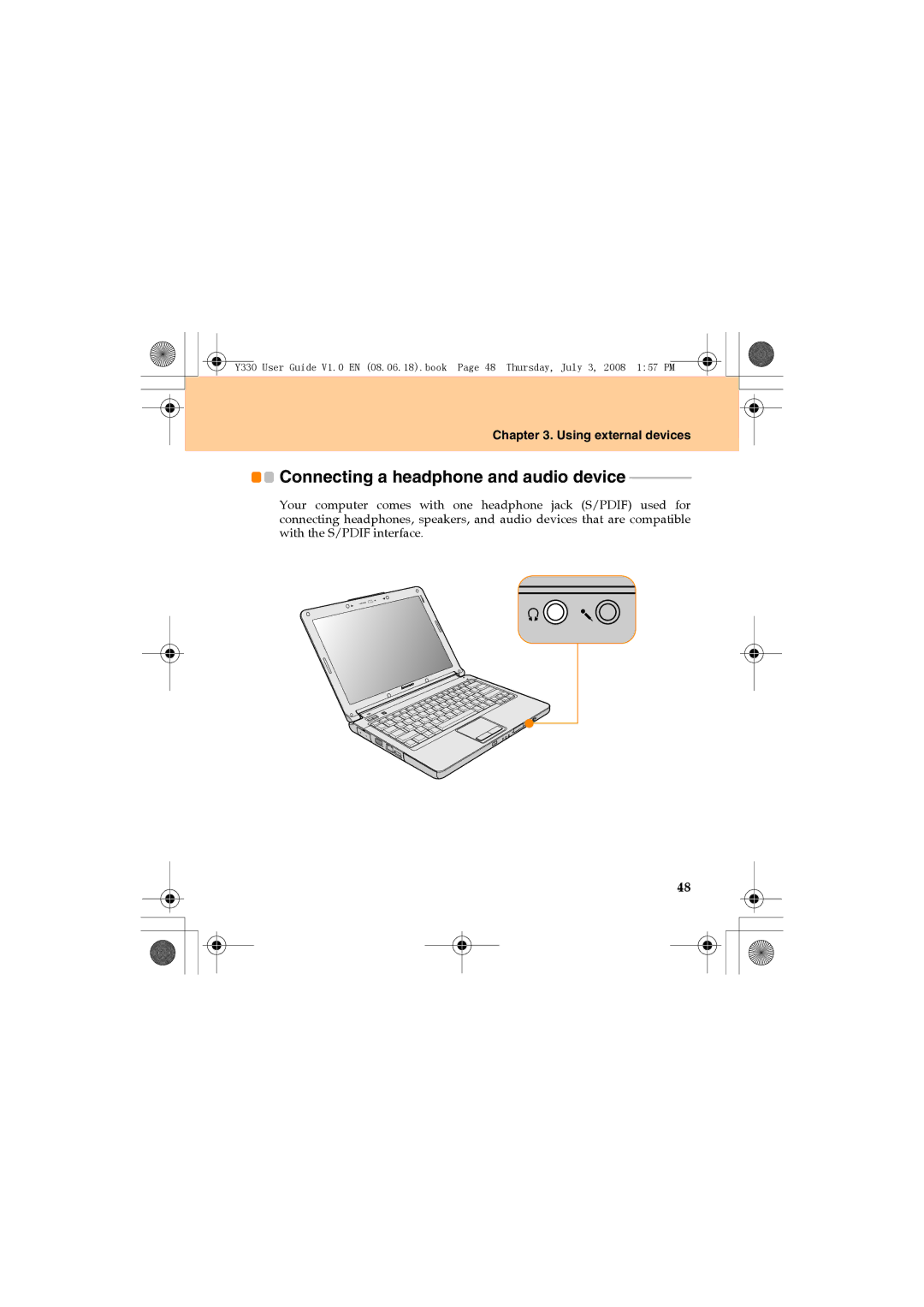 Lenovo Y330 manual Connecting a headphone and audio device 