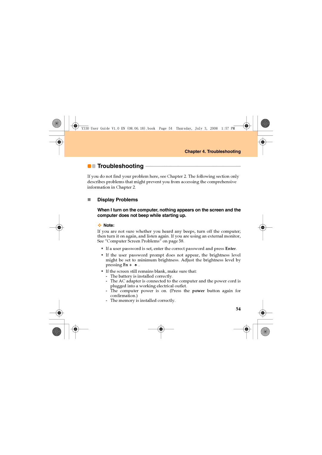 Lenovo Y330 manual Troubleshooting, „ Display Problems 