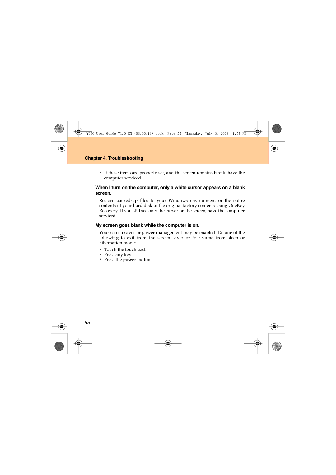 Lenovo Y330 manual My screen goes blank while the computer is on 