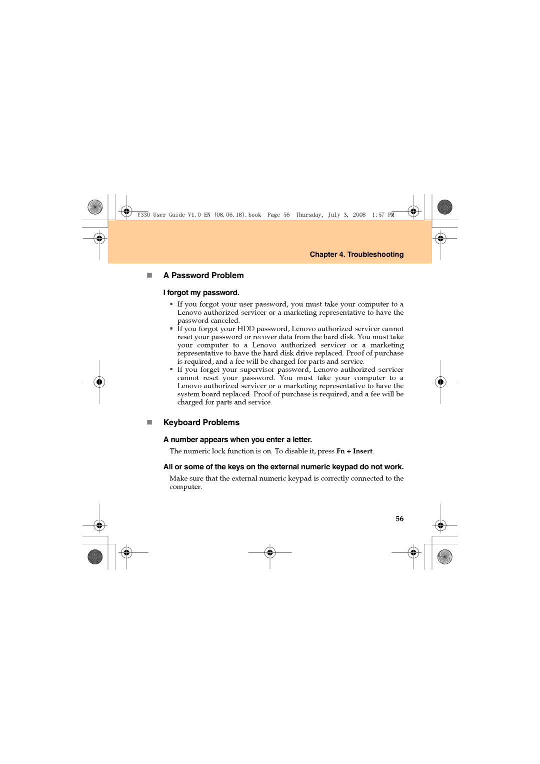 Lenovo Y330 manual „ a Password Problem, „ Keyboard Problems, Forgot my password, Number appears when you enter a letter 