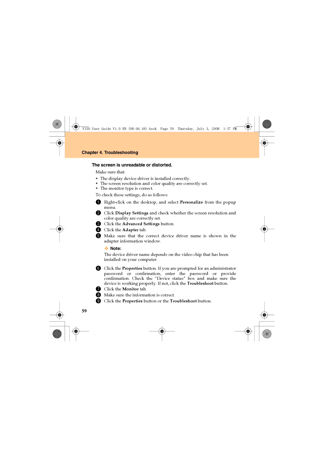 Lenovo Y330 manual Troubleshooting Screen is unreadable or distorted, Click the Advanced Settings button 