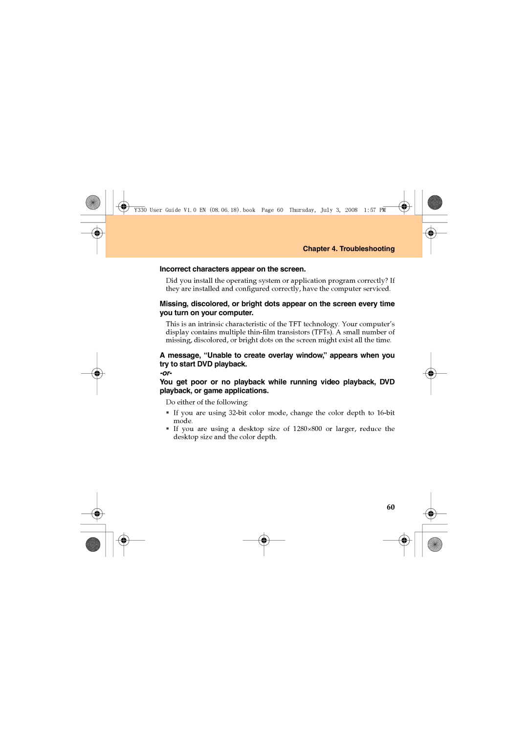 Lenovo Y330 manual Troubleshooting Incorrect characters appear on the screen 