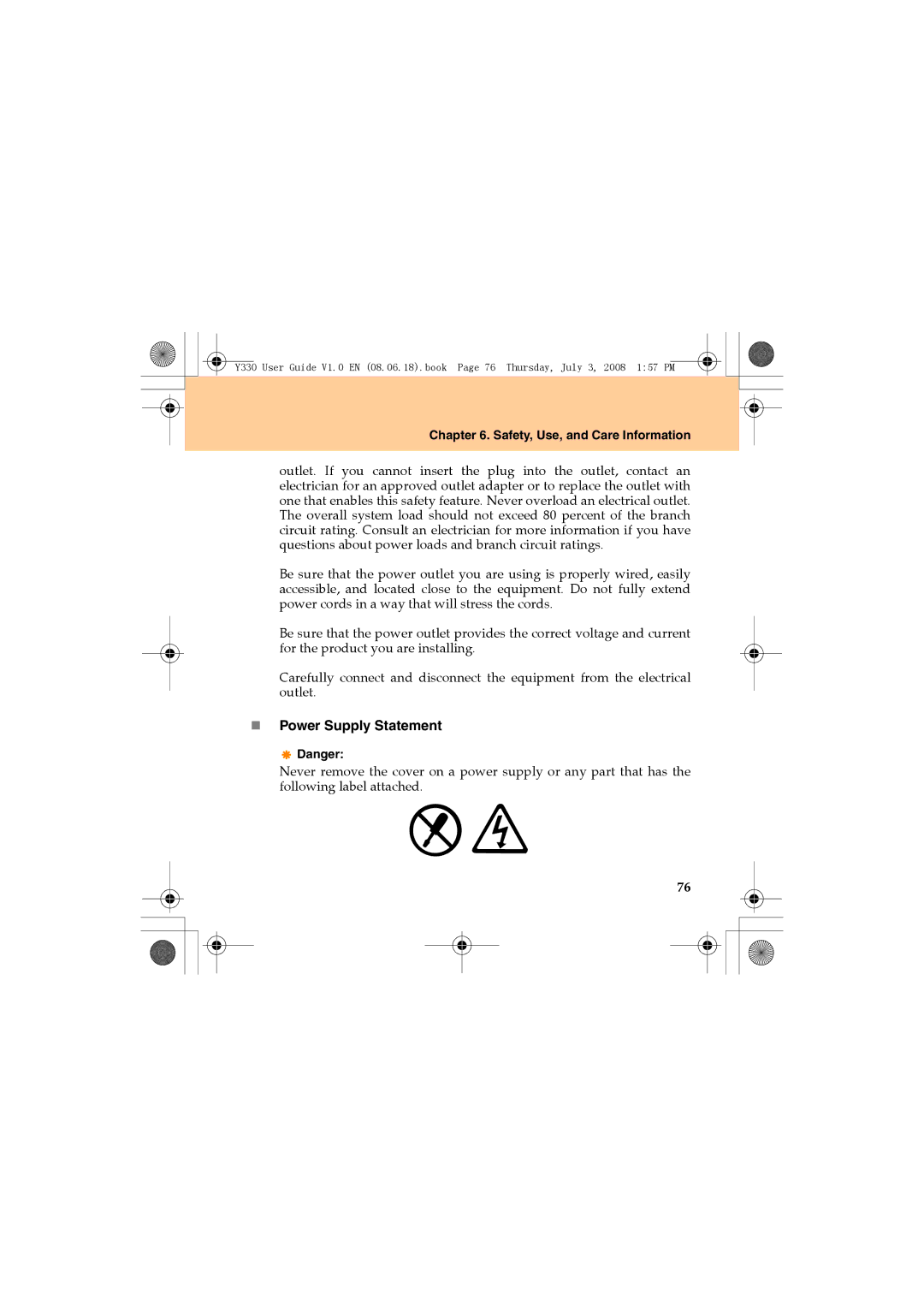 Lenovo Y330 manual „ Power Supply Statement 