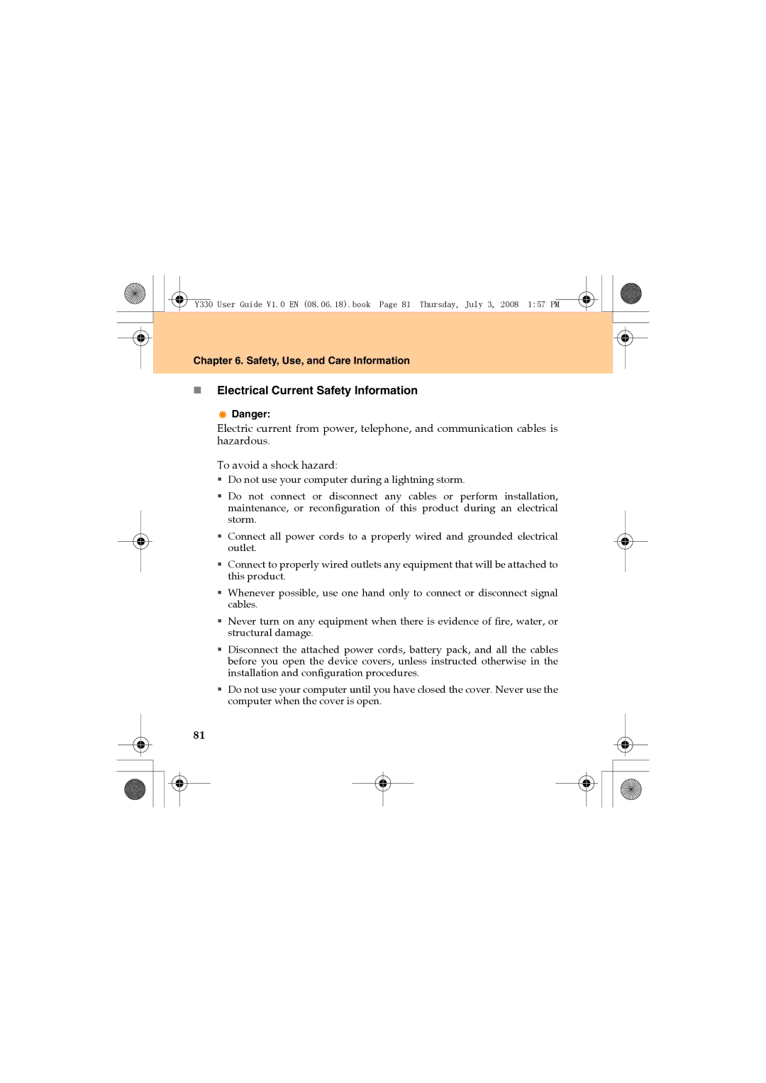 Lenovo Y330 manual „ Electrical Current Safety Information 