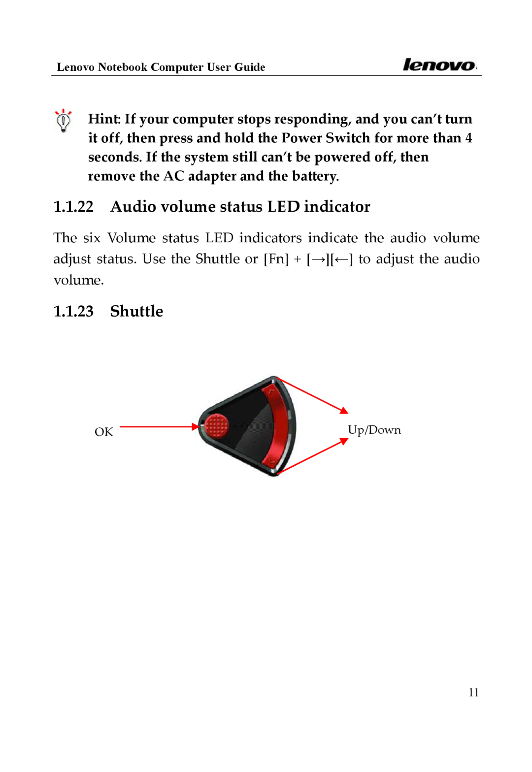 Lenovo 3000 Series, Y400 Series manual Audio volume status LED indicator, Shuttle 