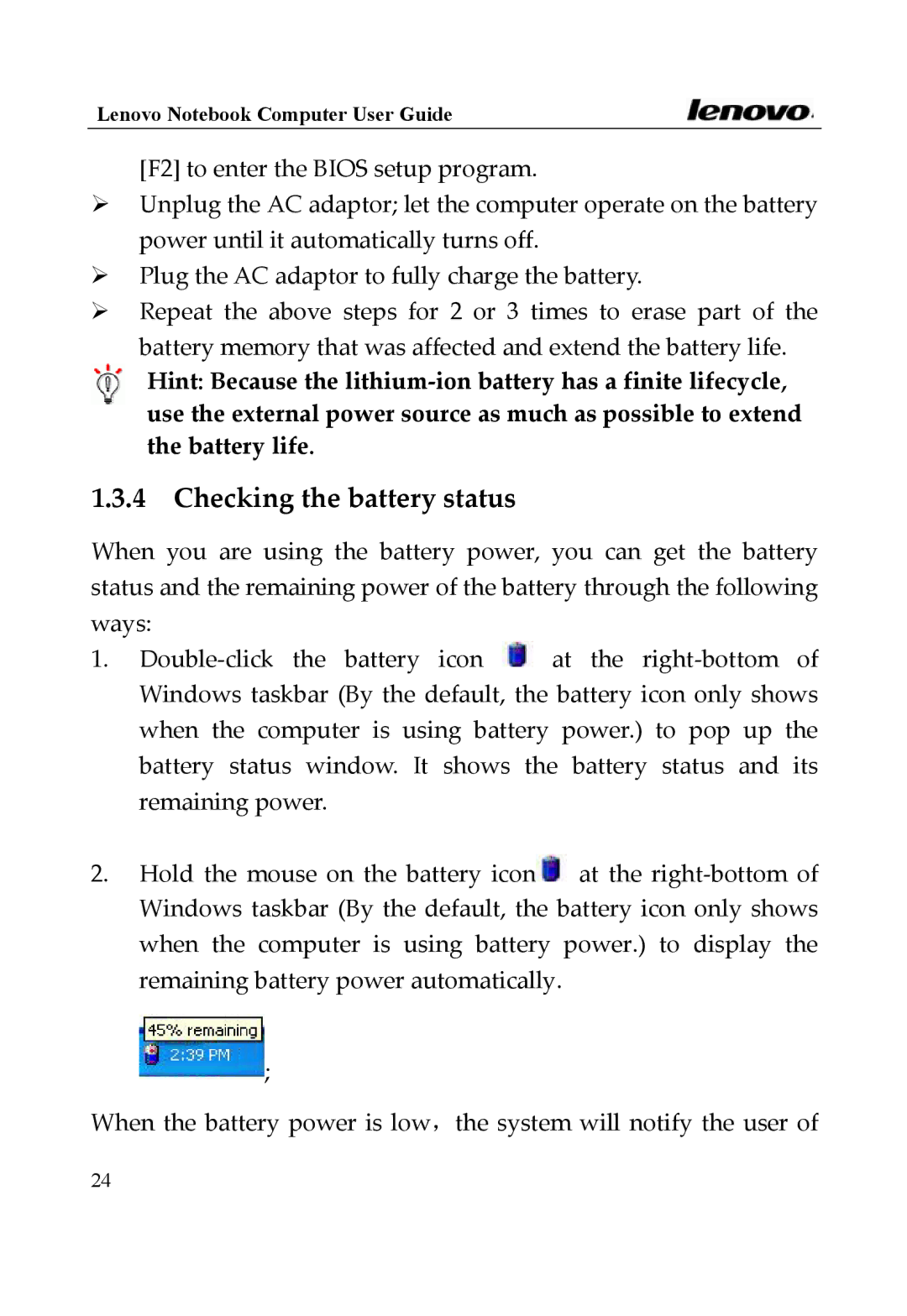 Lenovo Y400 Series, 3000 Series manual Checking the battery status 