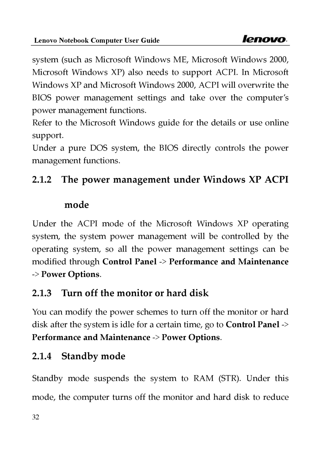 Lenovo Y400 Series manual Power management under Windows XP Acpi Mode, Turn off the monitor or hard disk, Standby mode 