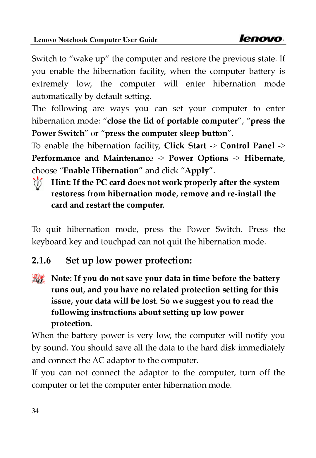 Lenovo Y400 Series, 3000 Series manual Set up low power protection 