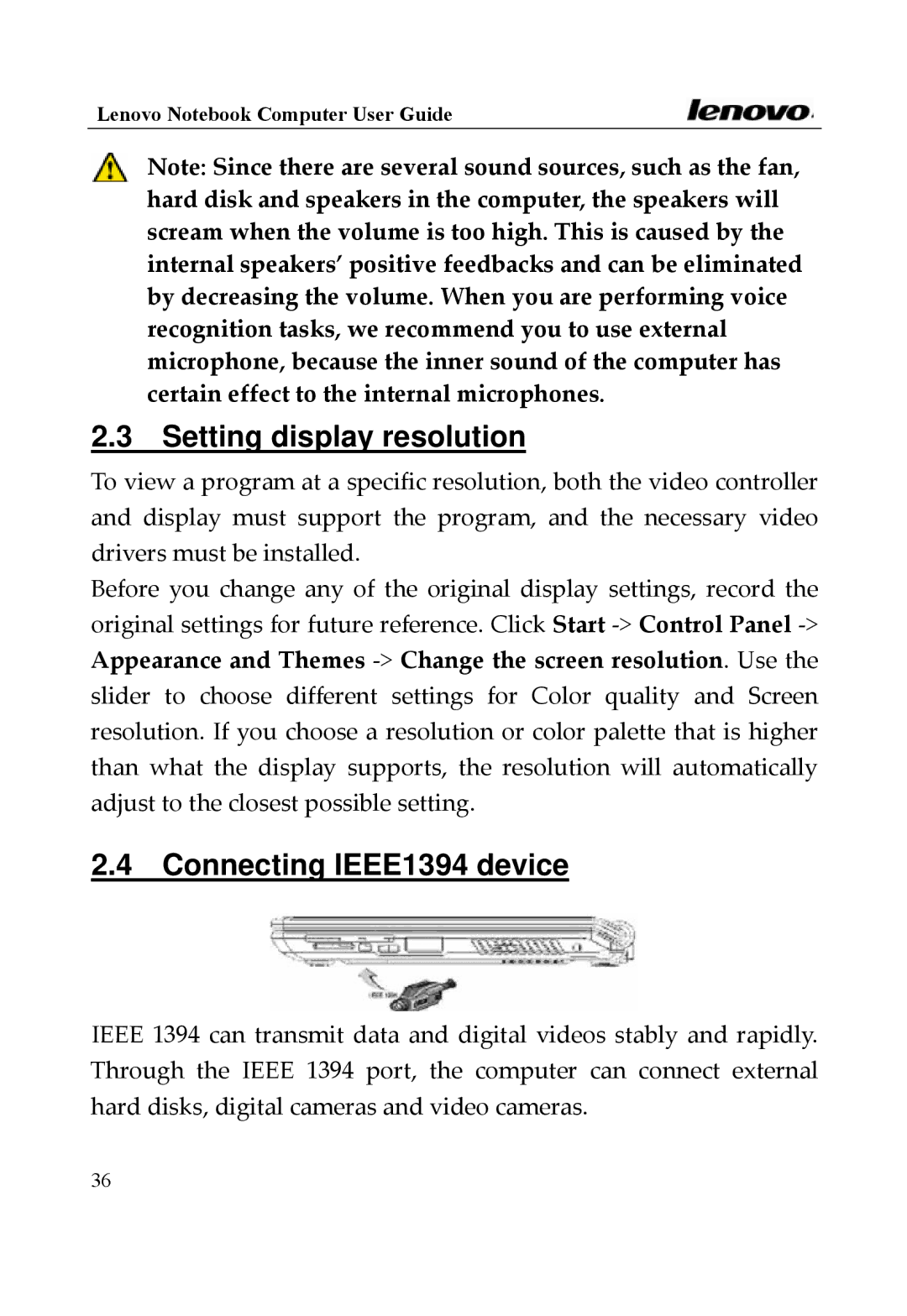 Lenovo Y400 Series, 3000 Series manual Setting display resolution, Connecting IEEE1394 device 