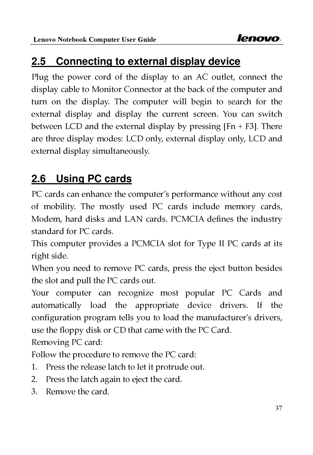 Lenovo 3000 Series, Y400 Series manual Connecting to external display device, Using PC cards 