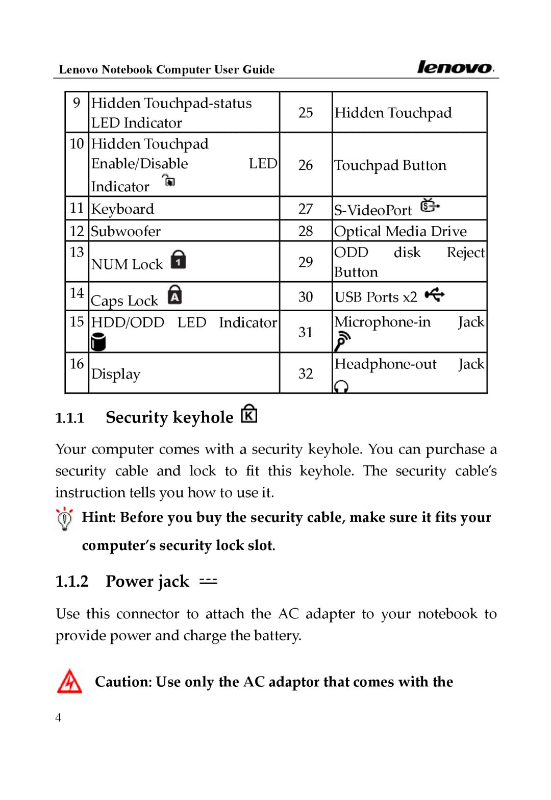 Lenovo Y400 Series, 3000 Series manual Security keyhole, Power jack 