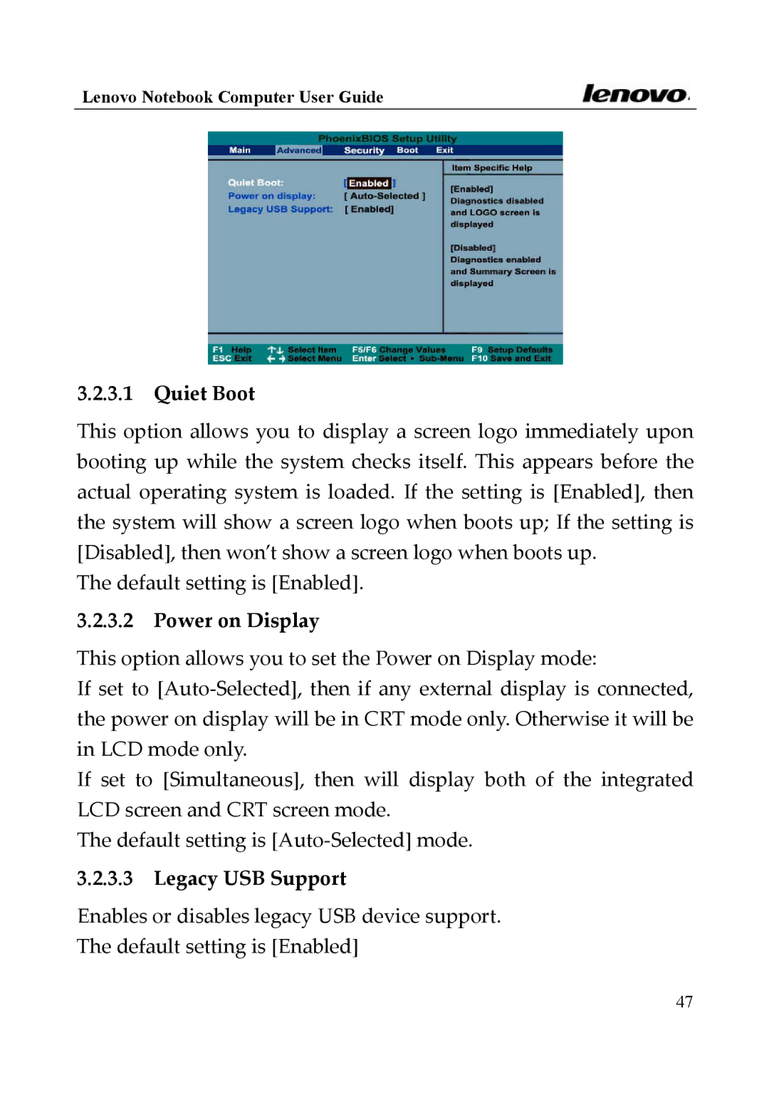 Lenovo 3000 Series, Y400 Series manual Quiet Boot, Power on Display, Legacy USB Support 