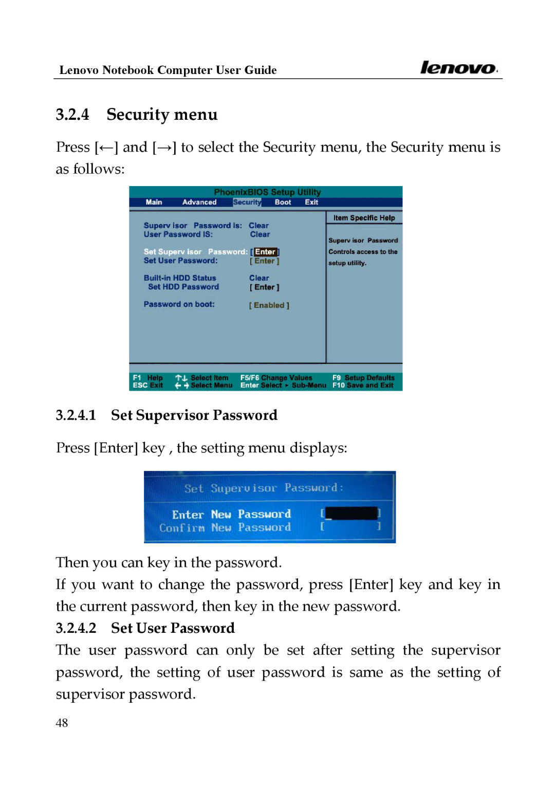 Lenovo Y400 Series, 3000 Series manual Security menu, Set Supervisor Password, Set User Password 