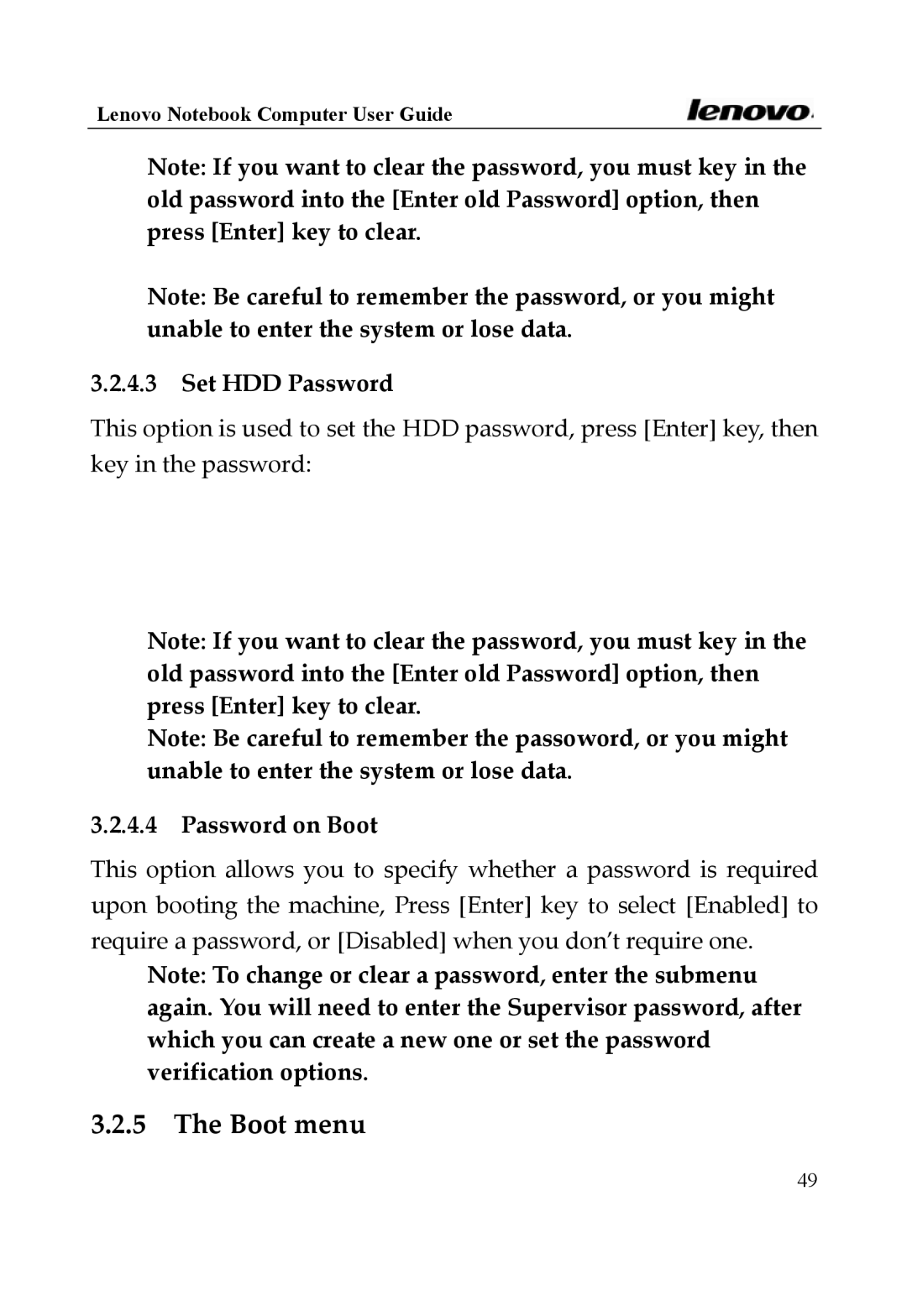 Lenovo 3000 Series, Y400 Series manual Boot menu, Set HDD Password, Password on Boot 