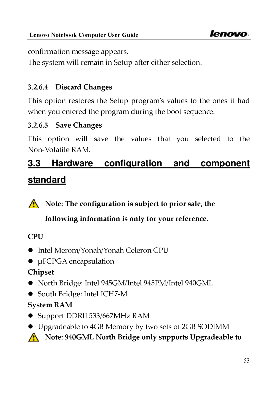 Lenovo 3000 Series, Y400 Series manual Hardware configuration and component standard 