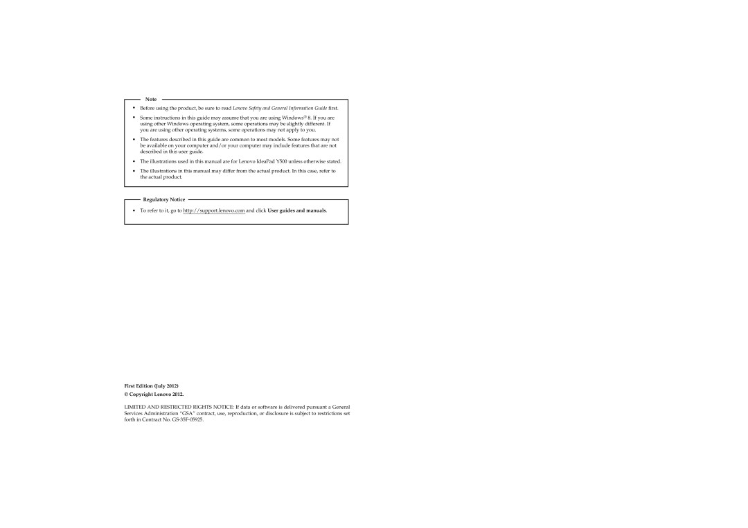 Lenovo Y400, Y500 manual Regulatory Notice, First Edition July Copyright Lenovo 