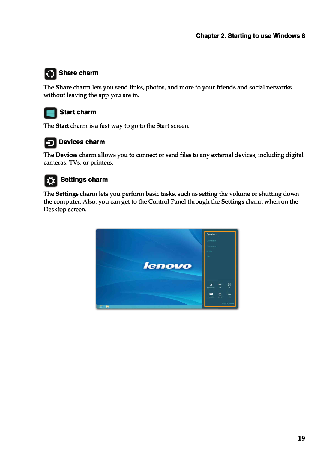 Lenovo Y500, Y400 manual Starting to use Windows Share charm, Start charm, Devices charm, Settings charm 