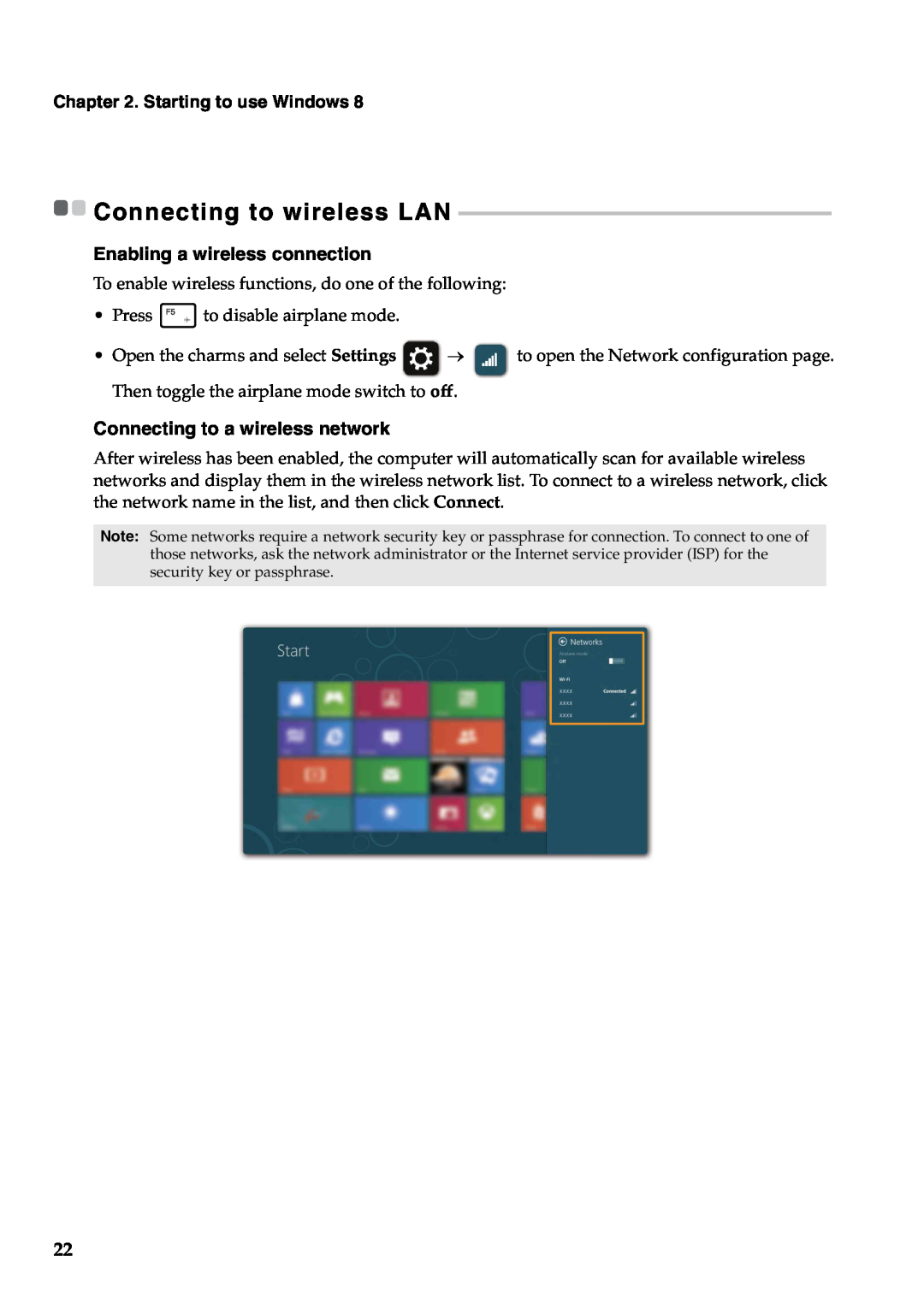 Lenovo Y400, Y500 manual Connecting to wireless LAN, Enabling a wireless connection, Connecting to a wireless network 