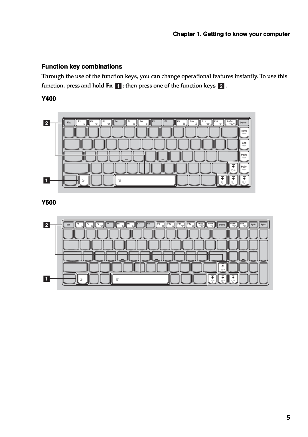 Lenovo Y500 manual Getting to know your computer Function key combinations, Y400 
