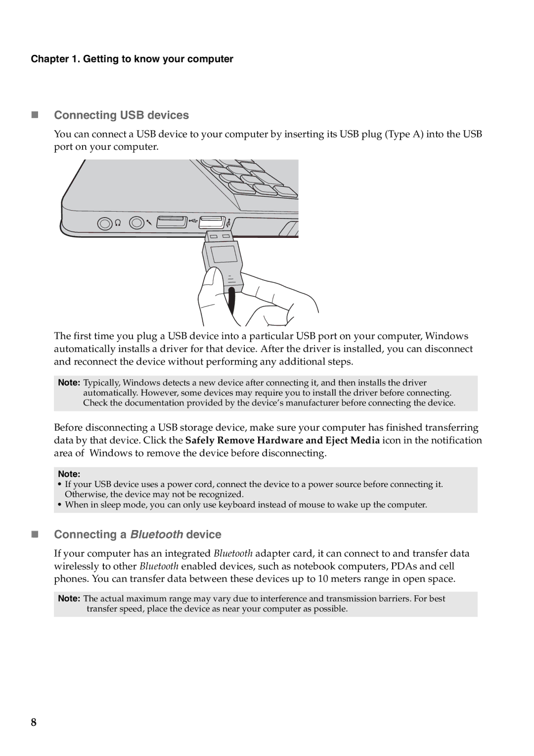 Lenovo Y400, Y500 manual „ Connecting USB devices, „ Connecting a Bluetooth device 