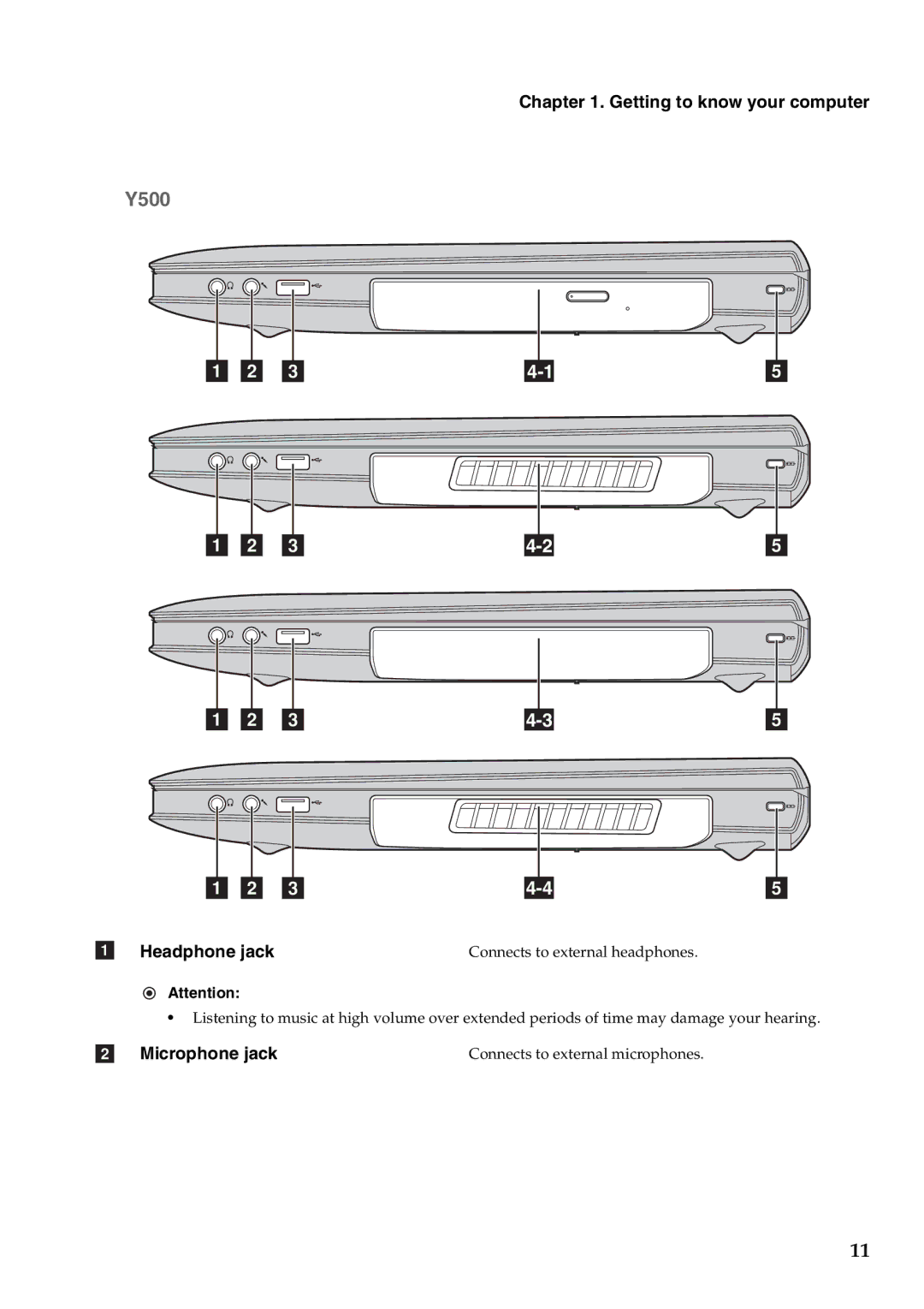 Lenovo Y500, Y400 manual Headphone jack, Microphone jack 