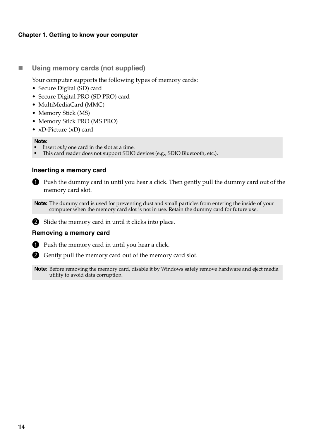 Lenovo Y400, Y500 manual „ Using memory cards not supplied, Inserting a memory card, Removing a memory card 