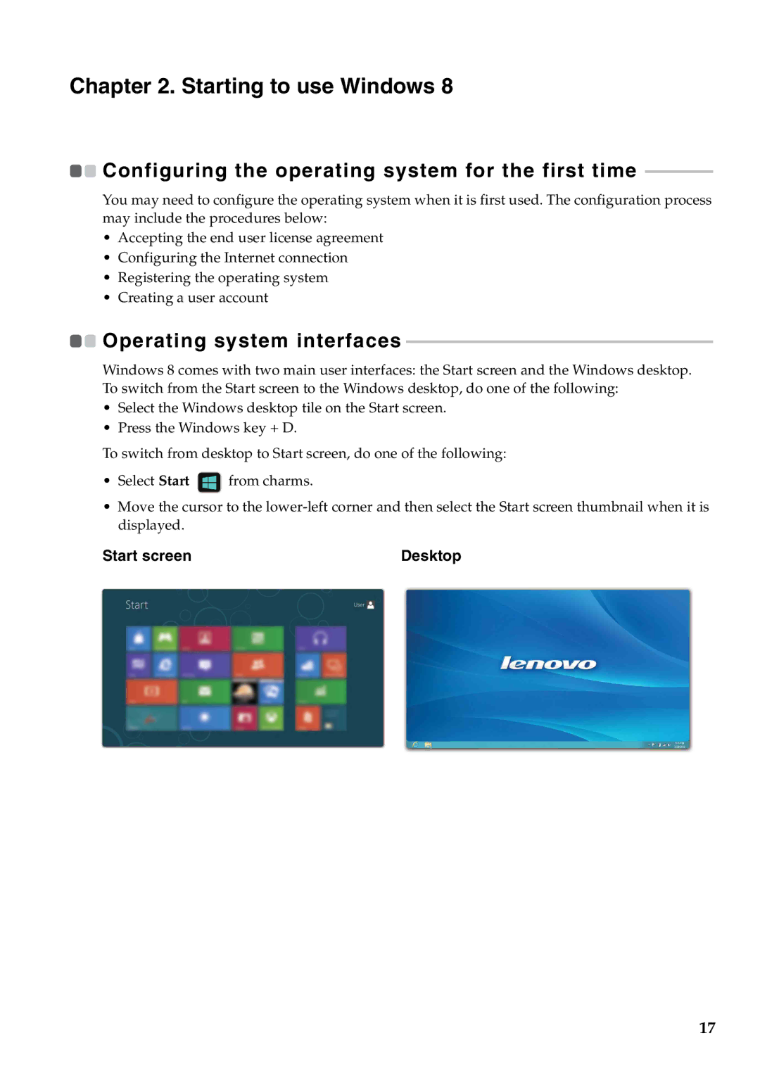 Lenovo Y500, Y400 manual Starting to use Windows, Start screen Desktop 