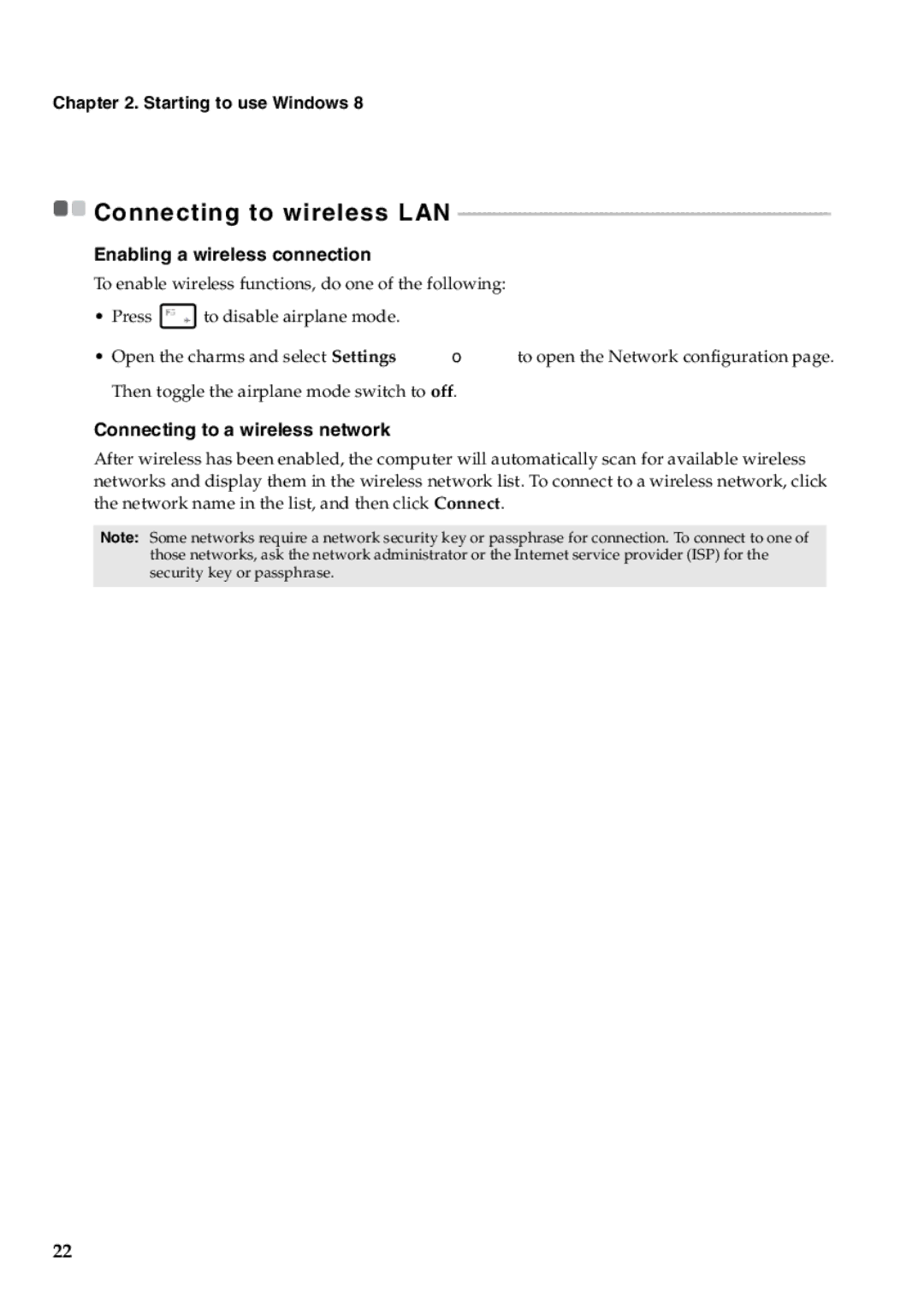 Lenovo Y400, Y500 manual Enabling a wireless connection, Connecting to a wireless network 