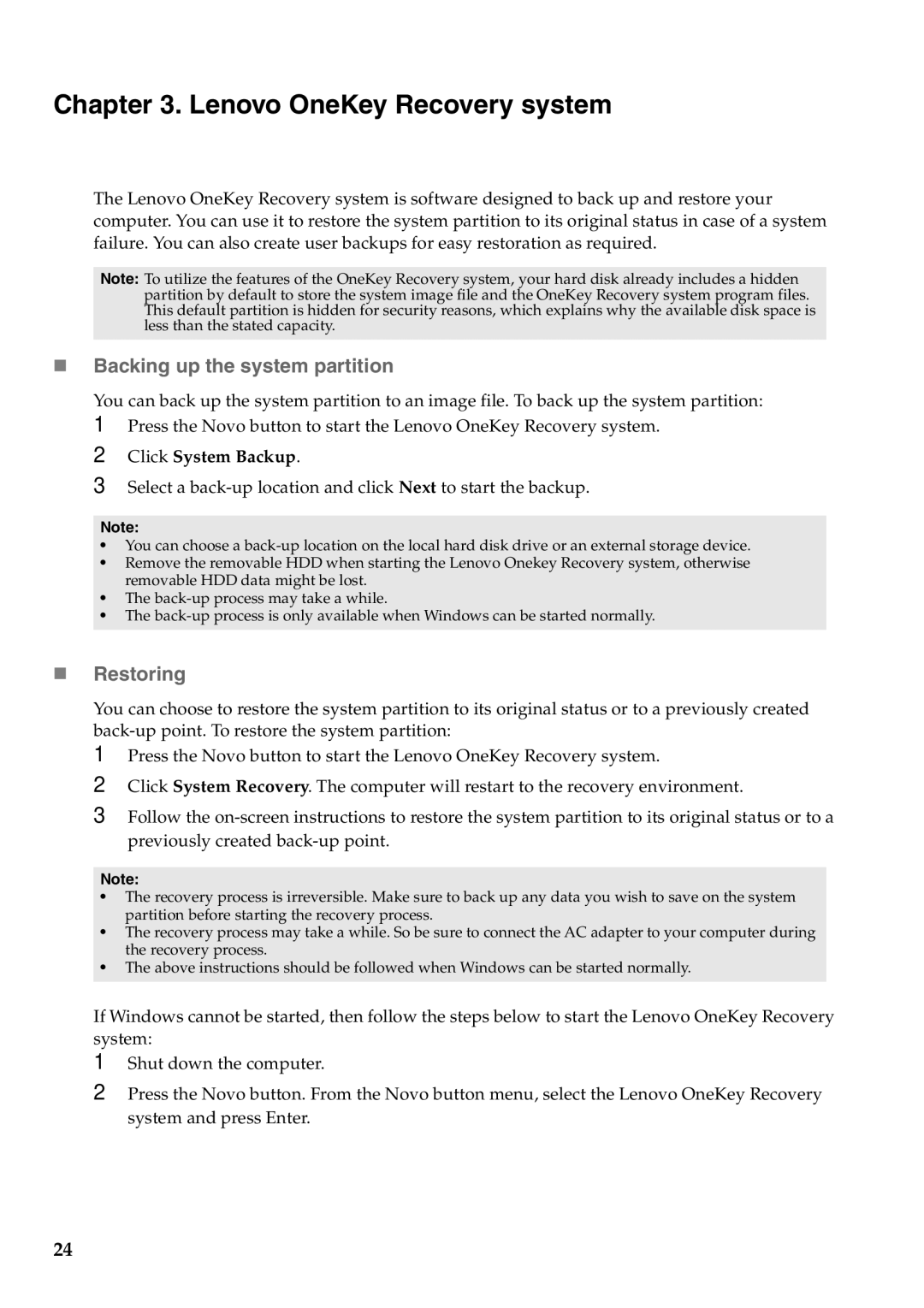 Lenovo Y400, Y500 manual Lenovo OneKey Recovery system, „ Backing up the system partition, „ Restoring 