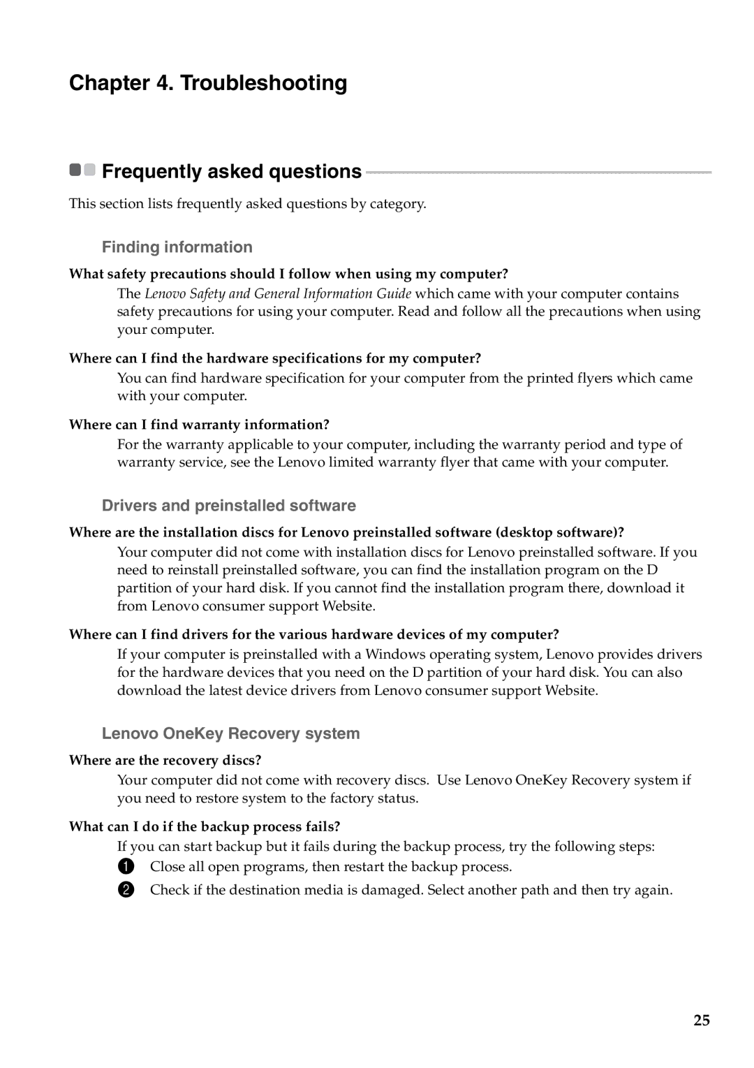 Lenovo Y500 Troubleshooting, „ Finding information, „ Drivers and preinstalled software, „ Lenovo OneKey Recovery system 