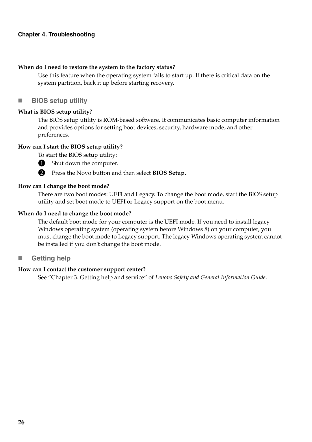 Lenovo Y400, Y500 manual „ Bios setup utility, „ Getting help, Troubleshooting 