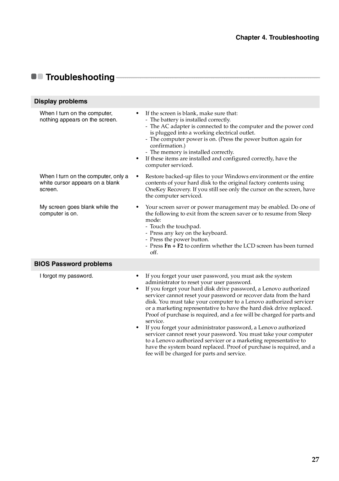 Lenovo Y500, Y400 manual Display problems, Bios Password problems 