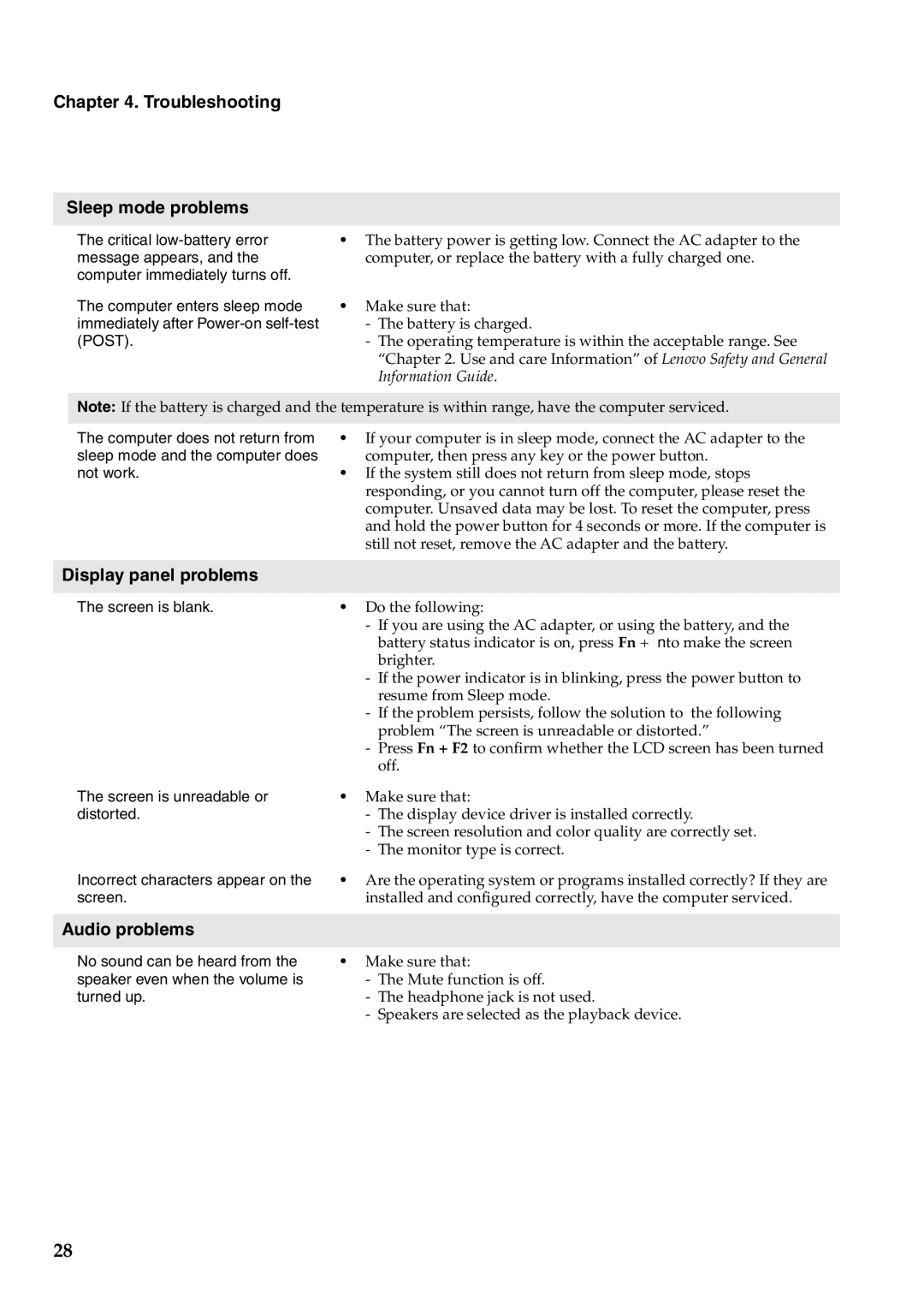 Lenovo Y400, Y500 manual Troubleshooting Sleep mode problems, Display panel problems, Audio problems 