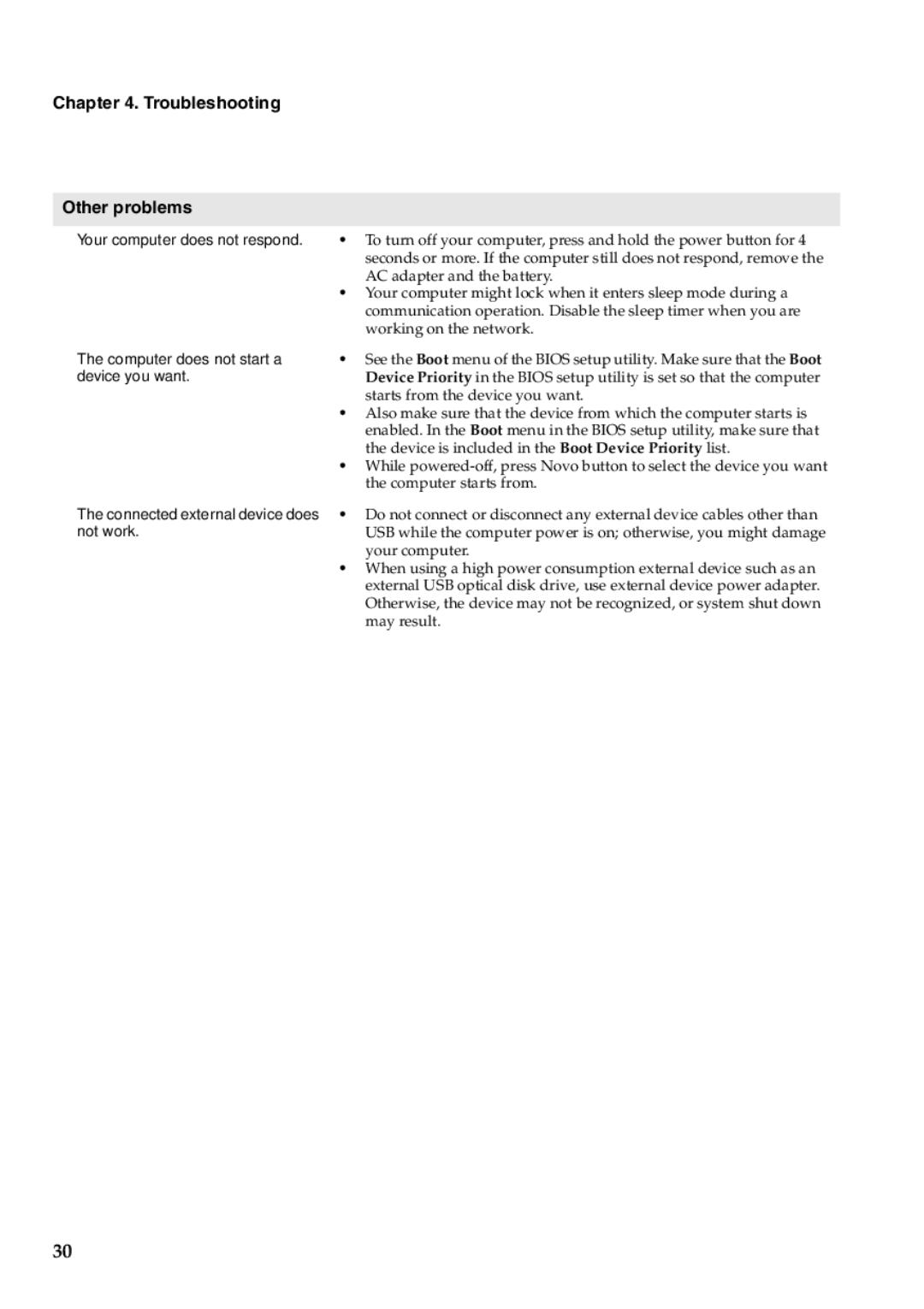 Lenovo Y400, Y500 manual Troubleshooting Other problems, Your computer does not respond 