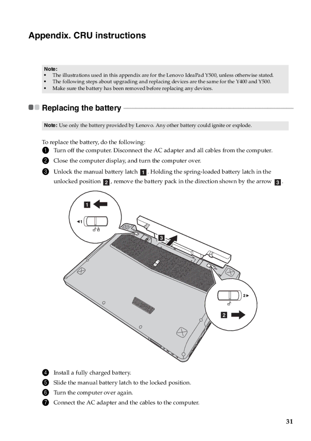 Lenovo Y500, Y400 manual Appendix. CRU instructions 