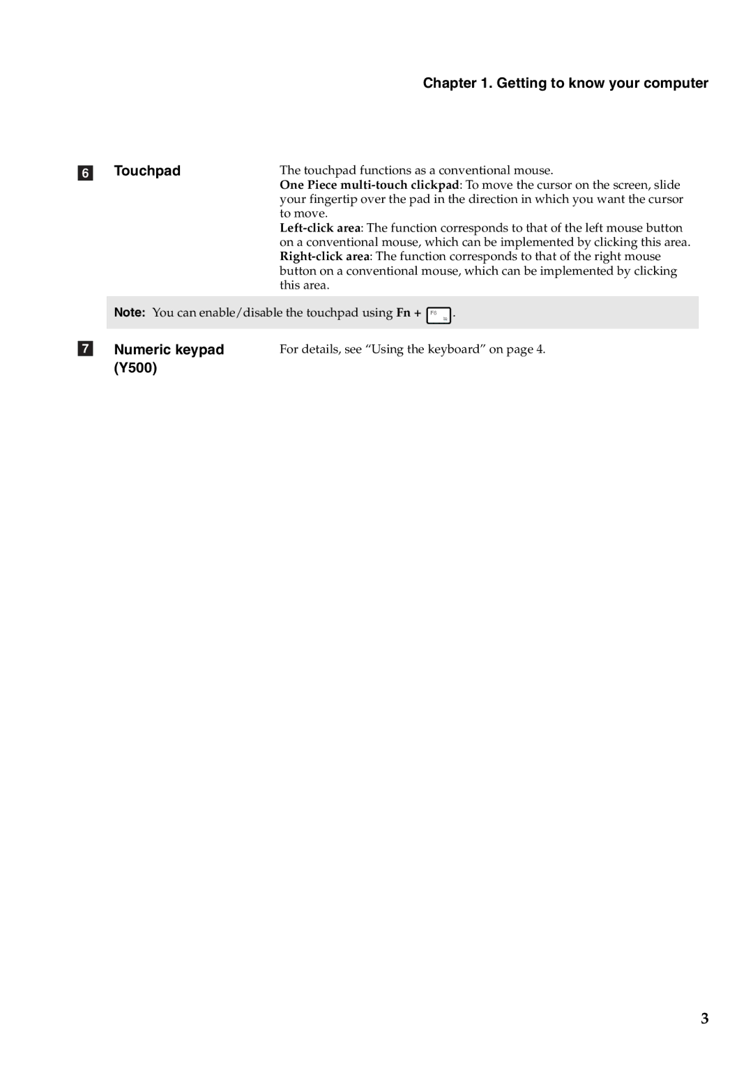 Lenovo Y500, Y400 manual Getting to know your computer Touchpad, Numeric keypad 