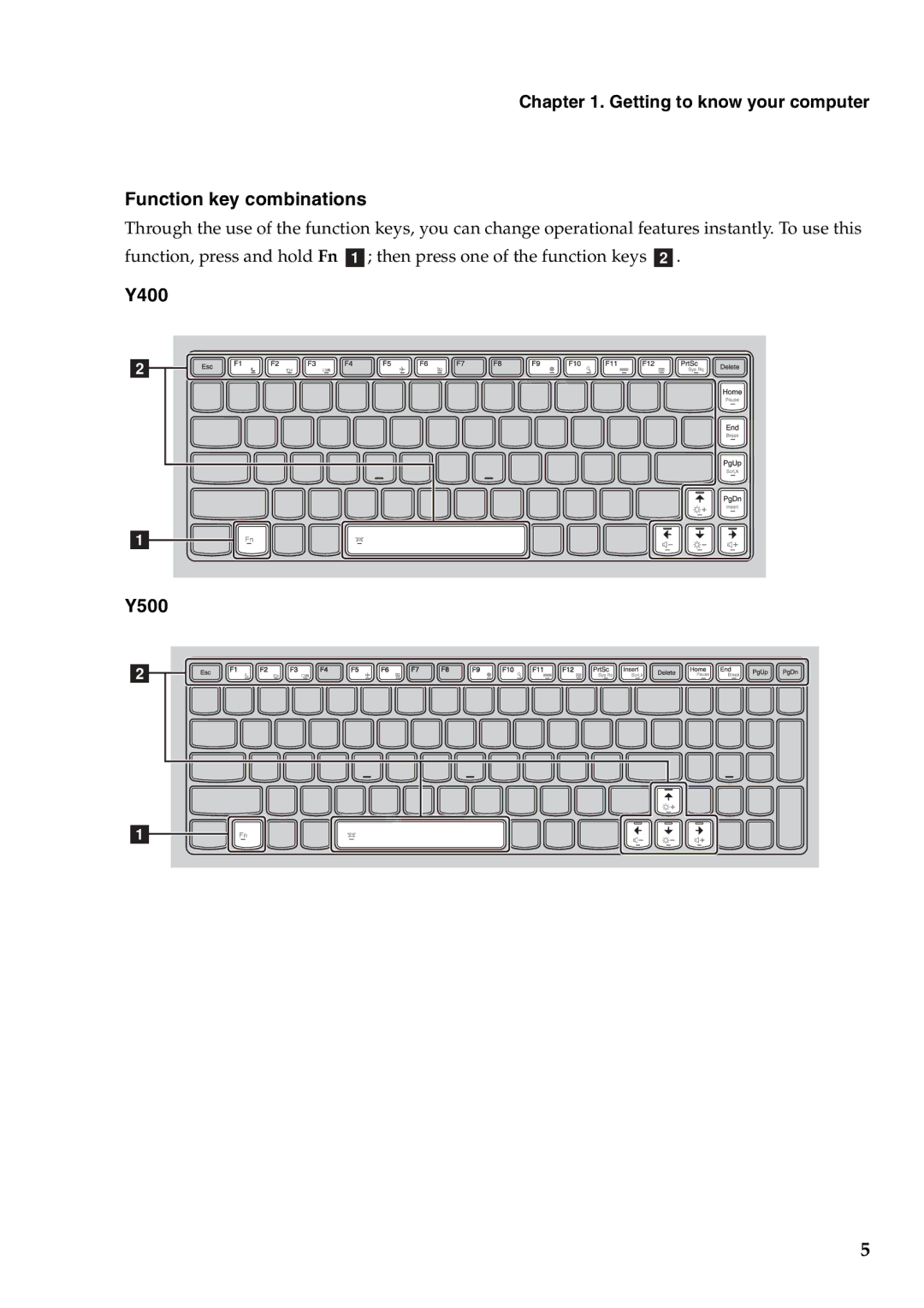 Lenovo manual Getting to know your computer Function key combinations, Y400 Y500 