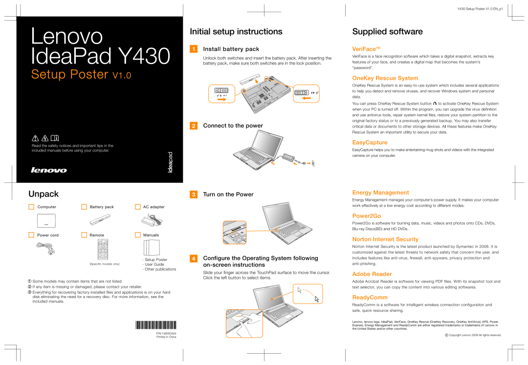 Lenovo manual Lenovo IdeaPad Y430, Setup Poster, Initial setup instructions, Supplied software, Unpack, VeriFaceTM 